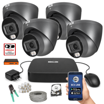 ZESTAW MONITORINGU IP BCS 4MPx – 4 Kamery Kopułkowe Grafitowe, Dysk 1TB, Switch PoE, Zdalny Dostęp, Akcesoria
